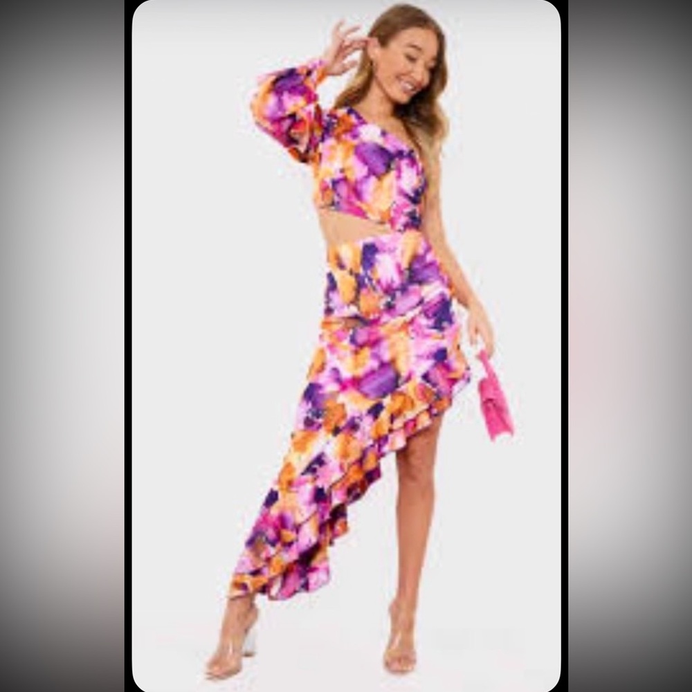 Elegant Asymmetrical Floral Dress in Purple and Orange